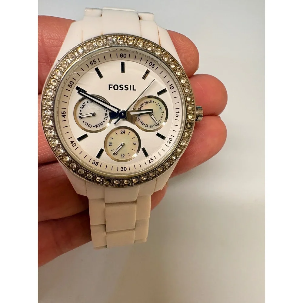 Fossil Stella White Resin Multifunction Watch Crystal Bezel 38mm Need Battery